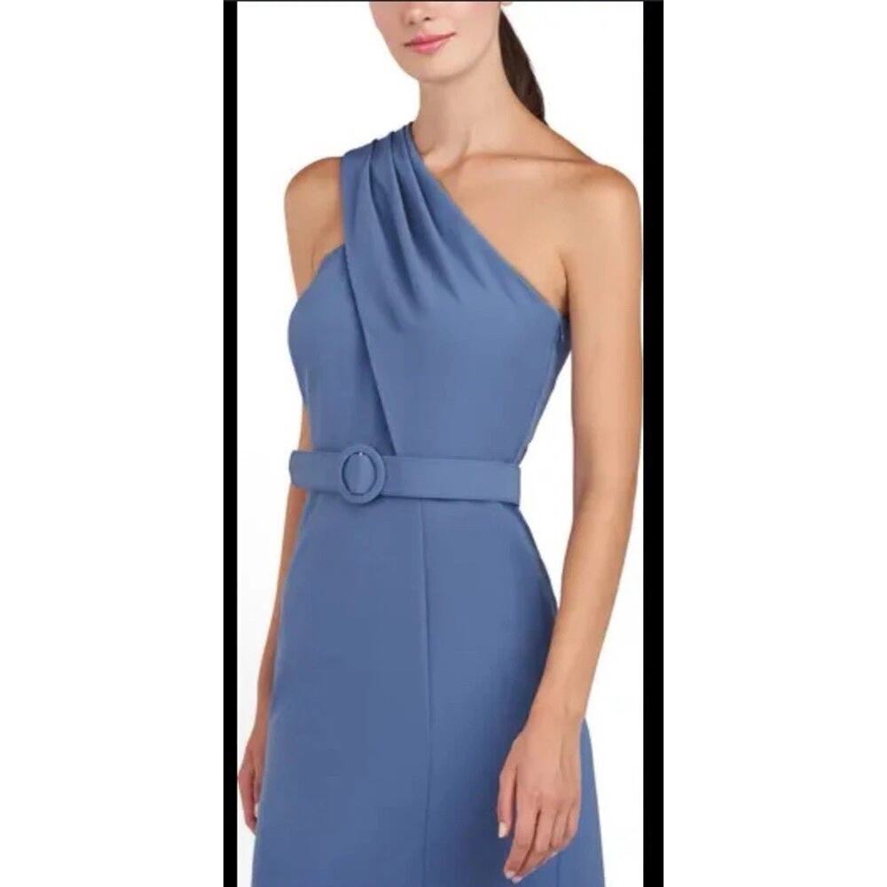KAY UNGER Bowie Stretch Crepe One Shoulder Belted Gown Blue Long Gown Sz 12 NWT